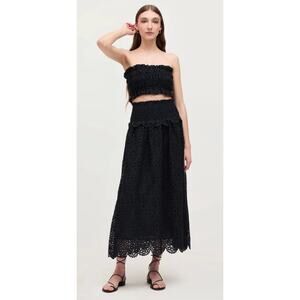 Hill House Home Delphine Nap Skirt Black Scalloped Lace Smocked Midi NWOT XS